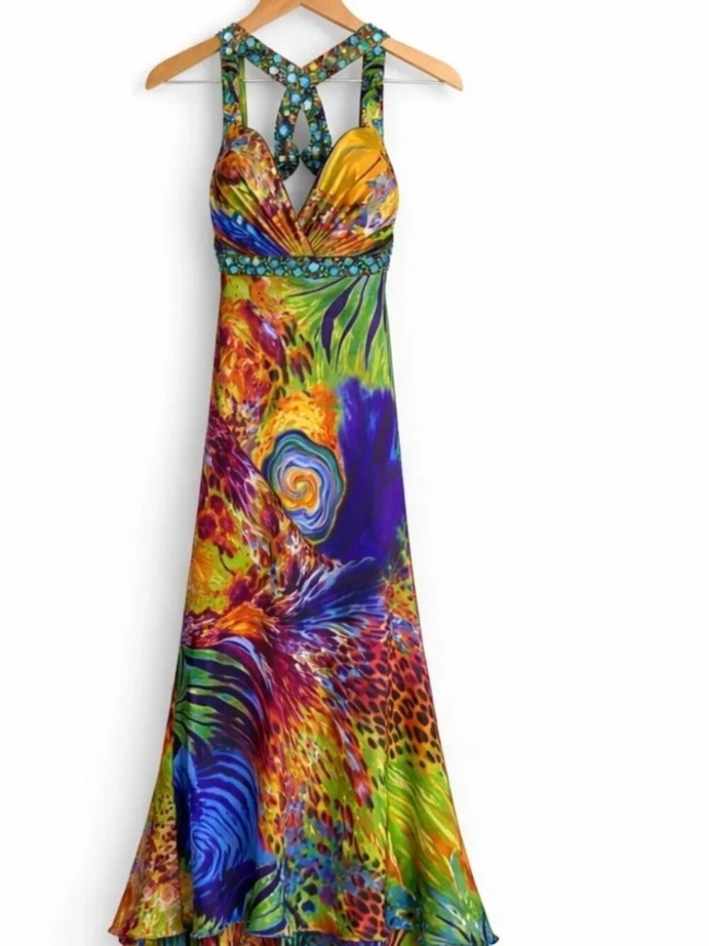 Niki Livas Multicolour Silk Jeweled Halter Maxi Gown Tagged 8 Fits XS